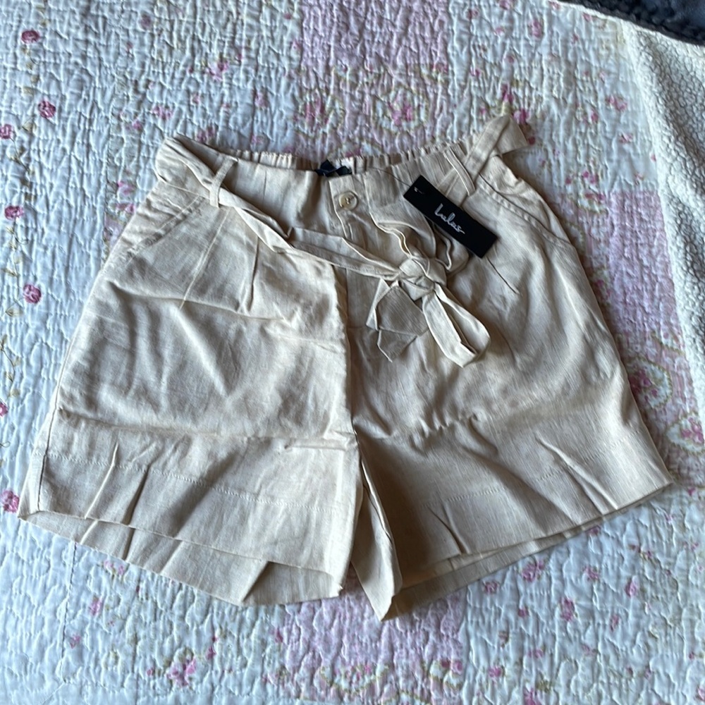 Venice Breeze Beige Linen Belted Paperbag Waist Shorts by Lulus